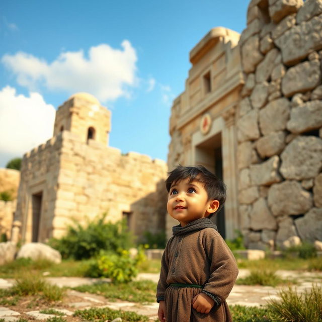 A heartfelt scene depicting a young Palestinian child standing in front of an ancient stone building, filled with rich history