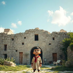 A heartfelt scene depicting a young Palestinian child standing in front of an ancient stone building, filled with rich history