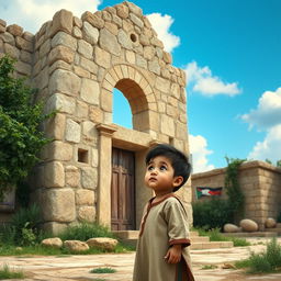 A heartfelt scene depicting a young Palestinian child standing in front of an ancient stone building, filled with rich history