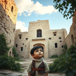 A heartfelt scene depicting a young Palestinian child standing in front of an ancient stone building, filled with rich history