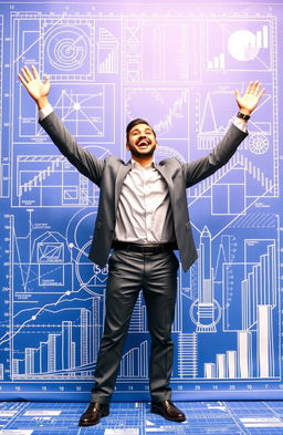 A dynamic scene showcasing a man celebrating his financial success, set against a backdrop that resembles a vibrant blueprint design