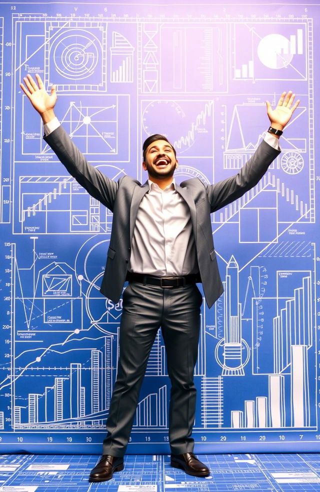 A dynamic scene showcasing a man celebrating his financial success, set against a backdrop that resembles a vibrant blueprint design