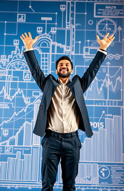 A dynamic scene showcasing a man celebrating his financial success, set against a backdrop that resembles a vibrant blueprint design