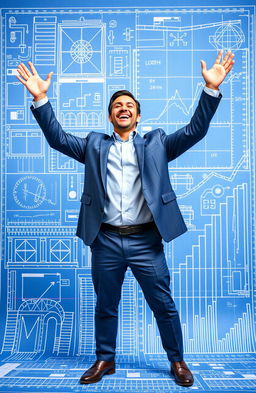 A dynamic scene showcasing a man celebrating his financial success, set against a backdrop that resembles a vibrant blueprint design