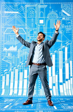 A dynamic scene showcasing a man celebrating his financial success, set against a backdrop that resembles a vibrant blueprint design