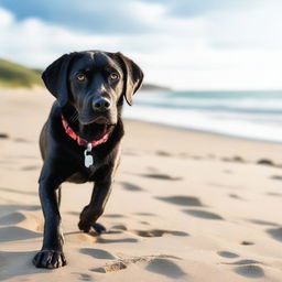 A high-resolution, cinematic photograph captures a beautiful young black Labrador on a beach adventure