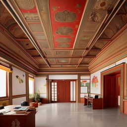 A large, spacious campus chief's office imbued with Nepali cultural elements. It includes traditional patterns, murals, and decor, harmoniously combined with modern office necessities.