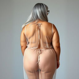 A captivating back view portrait of a 60-year-old Indian curvy woman, embodying confidence and beauty