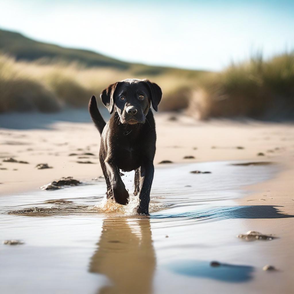 A high-quality, cinematic photograph showcases a young black Labrador embarking on an adventure at the beach