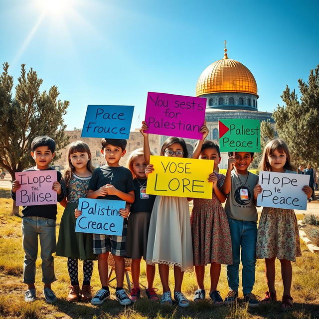 A poignant image representing the voices of Palestinian children, showcasing their strength and resilience