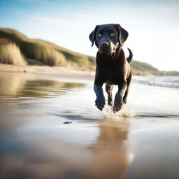 A high-quality, cinematic photograph showcases a young black Labrador embarking on an adventure at the beach