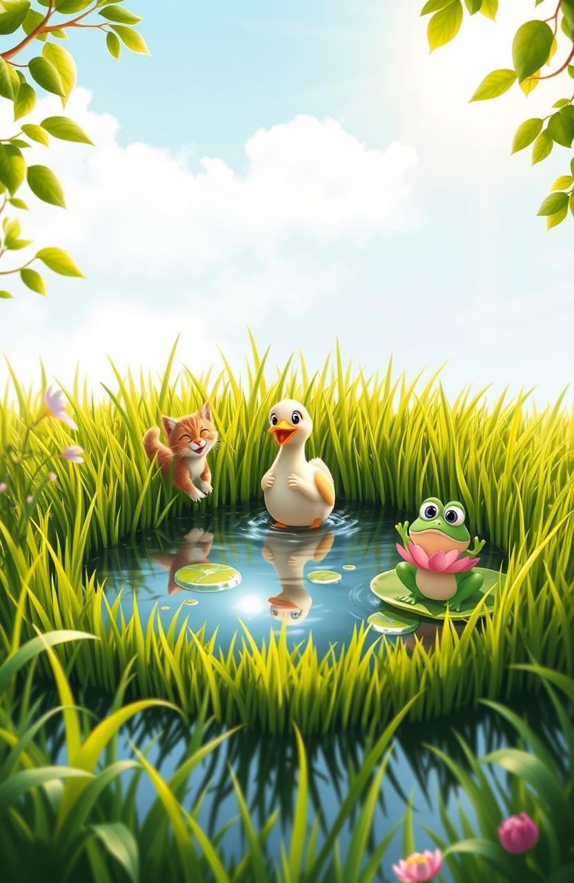 In a serene small pond surrounded by lush green grass, three friends are enjoying a beautiful day: Mimi the Cat, an agile and playful feline, is happily running through the verdant grass; Didi the Duck, cheerful and graceful, is swimming joyfully across the shimmering water of the pond; Lulu the Frog, with a radiant smile, is singing melodious songs while perched on a vibrant lily pad