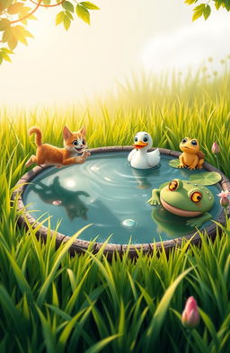 In a serene small pond surrounded by lush green grass, three friends are enjoying a beautiful day: Mimi the Cat, an agile and playful feline, is happily running through the verdant grass; Didi the Duck, cheerful and graceful, is swimming joyfully across the shimmering water of the pond; Lulu the Frog, with a radiant smile, is singing melodious songs while perched on a vibrant lily pad