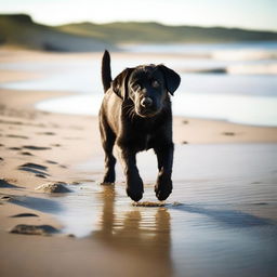 A high-quality, cinematic photograph showcases a young black Labrador embarking on an adventure at the beach