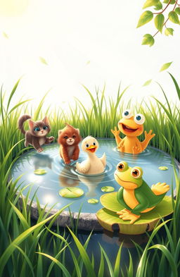 In a serene small pond surrounded by lush green grass, three friends are enjoying a beautiful day: Mimi the Cat, an agile and playful feline, is happily running through the verdant grass; Didi the Duck, cheerful and graceful, is swimming joyfully across the shimmering water of the pond; Lulu the Frog, with a radiant smile, is singing melodious songs while perched on a vibrant lily pad