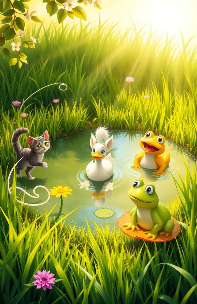 In a serene small pond surrounded by lush green grass, three friends are enjoying a beautiful day: Mimi the Cat, an agile and playful feline, is happily running through the verdant grass; Didi the Duck, cheerful and graceful, is swimming joyfully across the shimmering water of the pond; Lulu the Frog, with a radiant smile, is singing melodious songs while perched on a vibrant lily pad