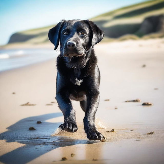 A high-quality, cinematic photograph showcases a young black Labrador embarking on an adventure at the beach