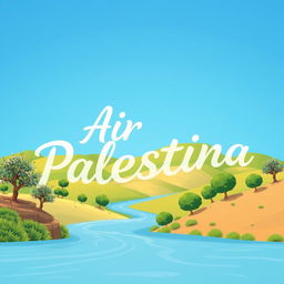 A beautifully designed text representation of the phrase 'Air Palestina' (Palestinian Water) artistically integrated into a scenic landscape of Palestine