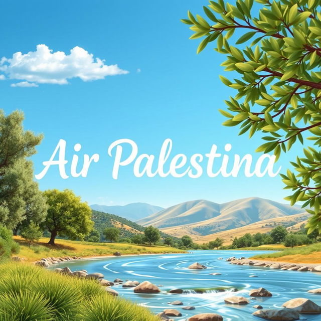 A beautifully designed text representation of the phrase 'Air Palestina' (Palestinian Water) artistically integrated into a scenic landscape of Palestine