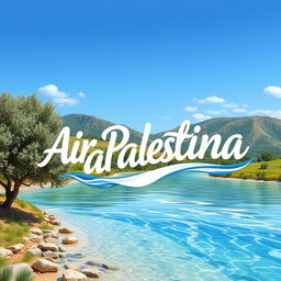 A beautifully designed text representation of the phrase 'Air Palestina' (Palestinian Water) artistically integrated into a scenic landscape of Palestine