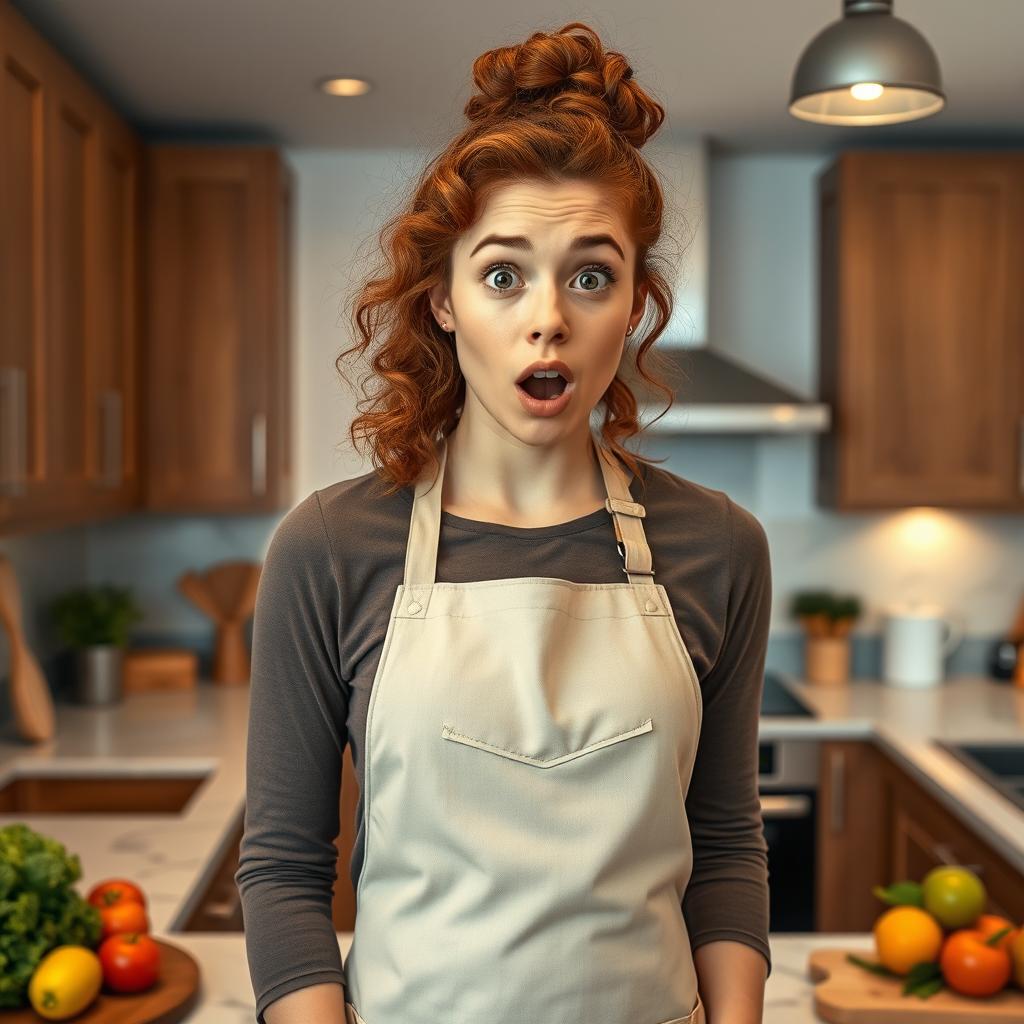 A shocked young woman standing in a cozy kitchen, her expression one of disbelief and astonishment