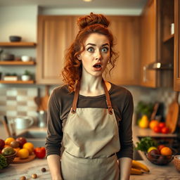 A shocked young woman standing in a cozy kitchen, her expression one of disbelief and astonishment