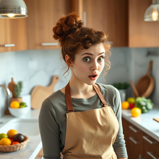 A shocked young woman standing in a cozy kitchen, her expression one of disbelief and astonishment