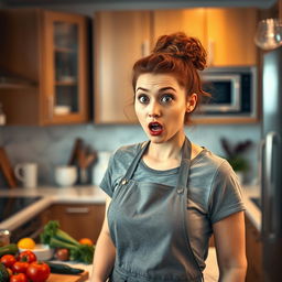 A shocked young woman standing in a cozy kitchen, her expression one of disbelief and astonishment
