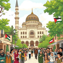 A beautifully illustrated scene of Palestine, showcasing a grand mosque standing tall with intricate architectural features, surrounded by lush greenery and a thriving community