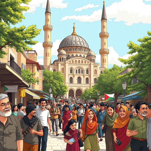 A beautifully illustrated scene of Palestine, showcasing a grand mosque standing tall with intricate architectural features, surrounded by lush greenery and a thriving community