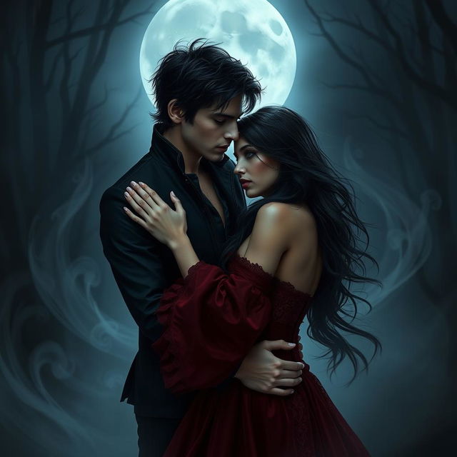 A dark romance scene featuring two lovers entwined in a passionate embrace, shrouded in an ethereal mist under a full moon