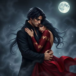 A dark romance scene featuring two lovers entwined in a passionate embrace, shrouded in an ethereal mist under a full moon