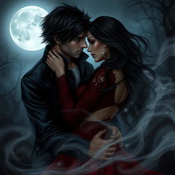 A dark romance scene featuring two lovers entwined in a passionate embrace, shrouded in an ethereal mist under a full moon