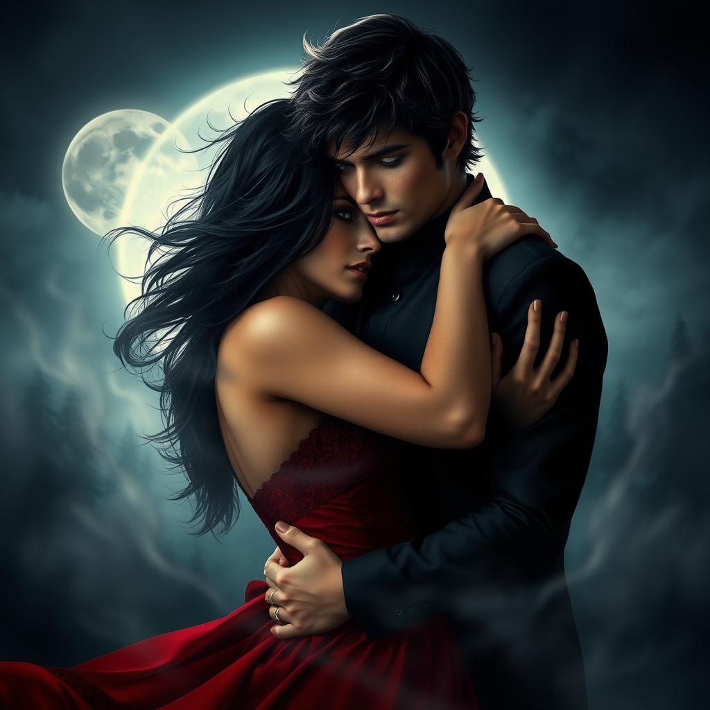 A dark romance scene featuring two lovers entwined in a passionate embrace, shrouded in an ethereal mist under a full moon