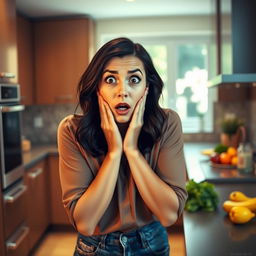 A shocked young woman in a contemporary kitchen, her face displaying a mix of disbelief and surprise