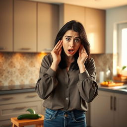 A shocked young woman in a contemporary kitchen, her face displaying a mix of disbelief and surprise