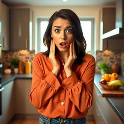A shocked young woman in a contemporary kitchen, her face displaying a mix of disbelief and surprise