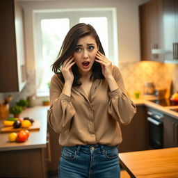 A shocked young woman in a contemporary kitchen, her face displaying a mix of disbelief and surprise