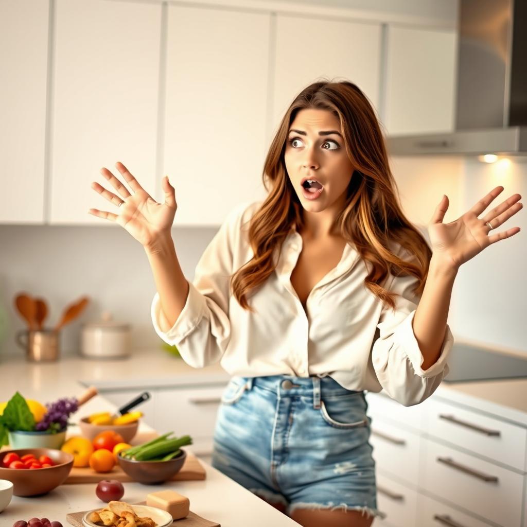 A shocked young woman in a stylish kitchen, her expression one of utter astonishment