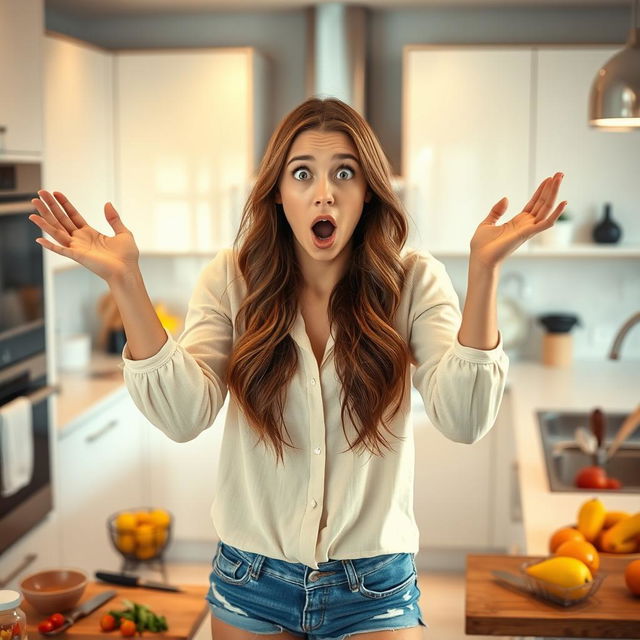 A shocked young woman in a stylish kitchen, her expression one of utter astonishment