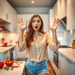 A shocked young woman in a stylish kitchen, her expression one of utter astonishment