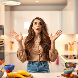 A shocked young woman in a stylish kitchen, her expression one of utter astonishment