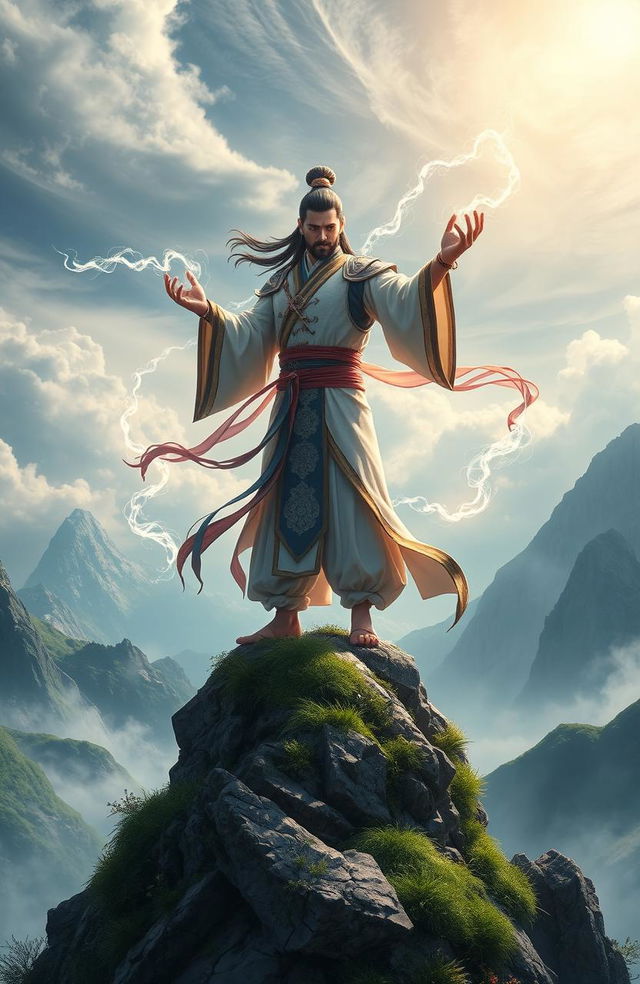 A heroic scene inspired by the aesthetics of Chinese Wuxia novels, featuring a strong cultivator standing bravely atop a lush mountain peak