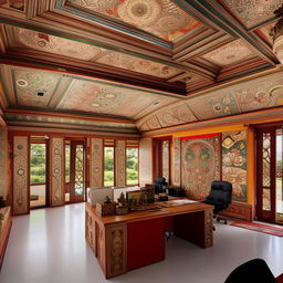 A large, spacious campus chief's office imbued with Nepali cultural elements. It includes traditional patterns, murals, and decor, harmoniously combined with modern office necessities.