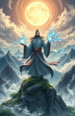 A heroic scene inspired by the aesthetics of Chinese Wuxia novels, featuring a strong cultivator standing bravely atop a lush mountain peak