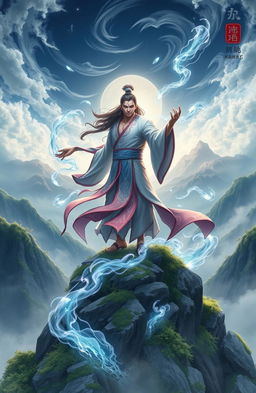 A heroic scene inspired by the aesthetics of Chinese Wuxia novels, featuring a strong cultivator standing bravely atop a lush mountain peak