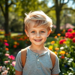A beautiful young boy with striking blonde hair and enchanting green eyes, standing in a sunlit park surrounded by vibrant flowers and greenery