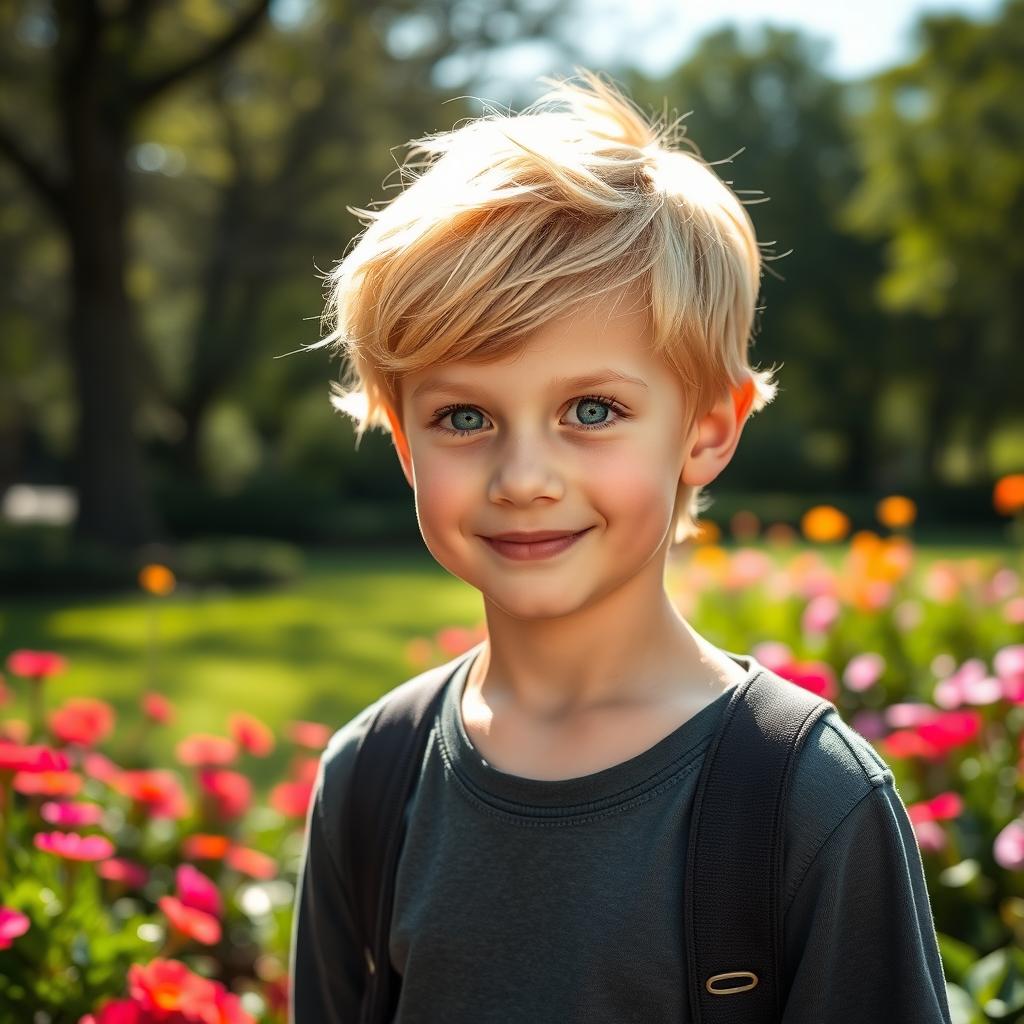 A beautiful young boy with striking blonde hair and enchanting green eyes, standing in a sunlit park surrounded by vibrant flowers and greenery