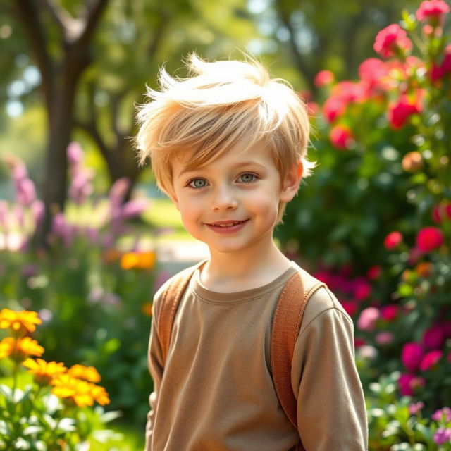 A beautiful young boy with striking blonde hair and enchanting green eyes, standing in a sunlit park surrounded by vibrant flowers and greenery