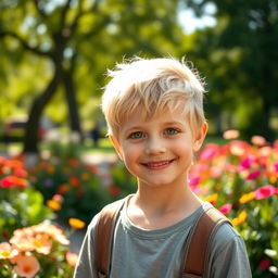 A beautiful young boy with striking blonde hair and enchanting green eyes, standing in a sunlit park surrounded by vibrant flowers and greenery
